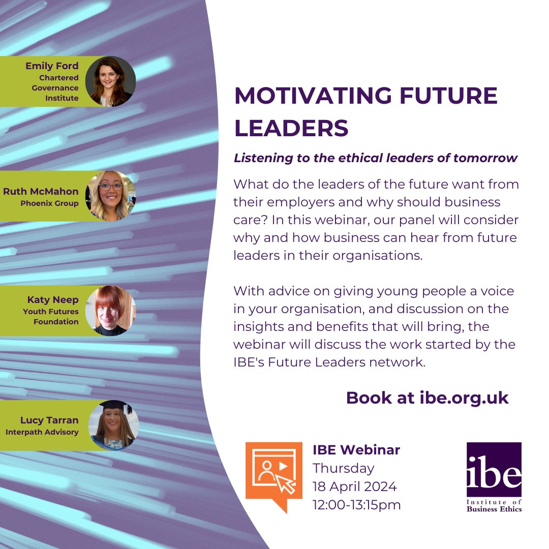 How can business give a voice to the future ethical leaders in their organisation? What insights and benefits will that bring? 💡 Join us on 18 April for the IBE webinar Motivating Future Leaders - book your place now at ibe.org.uk/events-trainin… #businessethics #futureleaders