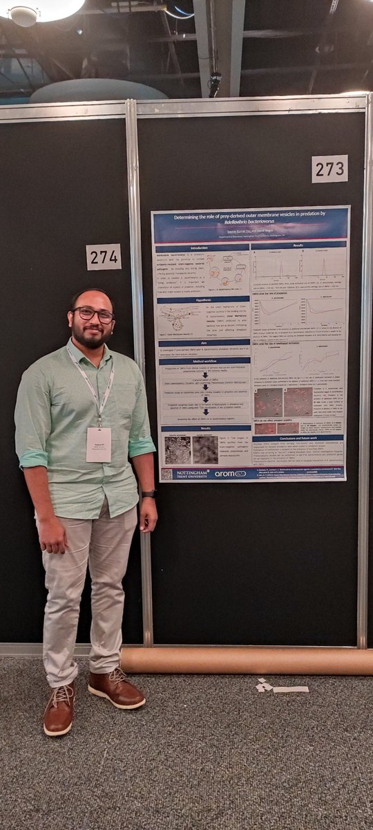 If you're interested in predatory bacteria, come and talk to Sourav about his PhD work investigating the role of prey-derived outer membrane vesicles in bacterial predation. #Microbio24