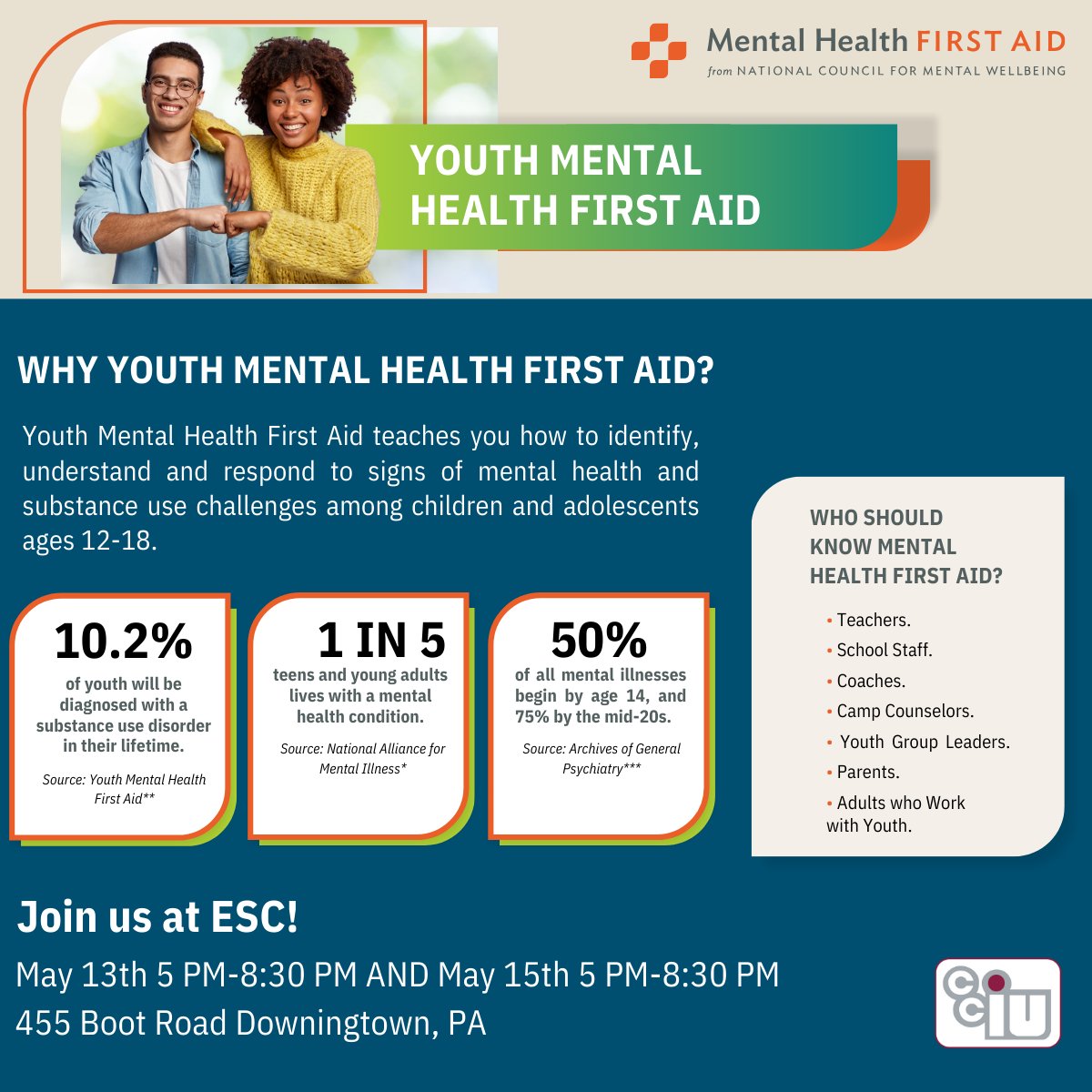 🌟 Mark your calendars for May 13th & May 15th, 5:00 -8:30 p.m. Join us for a crucial Youth Mental Health First Aid course, empowering you to support adolescents in crisis or struggling with mental health challenges. Register at cciu.org/MentalHealthFi…