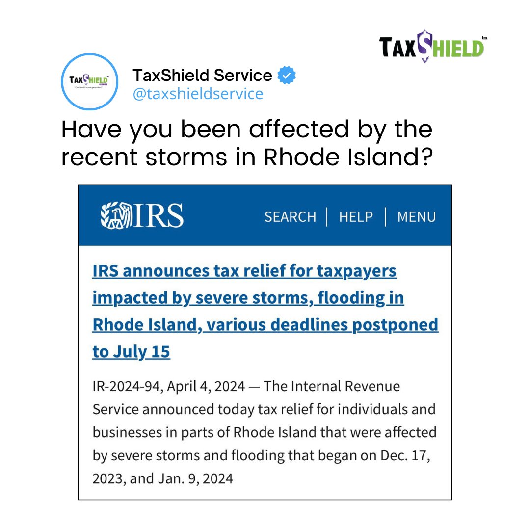 Important news: The IRS has announced tax relief for individuals and businesses impacted by severe storms and flooding in Rhode Island. Stay updated and take advantage of the extended deadlines until July 15. #IRS #TaxRelief #RhodeIsland #StormRelief #FloodRelief #StayInformed