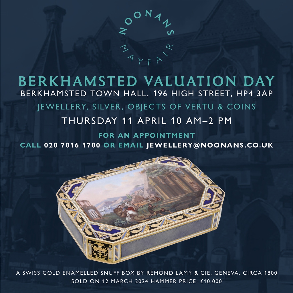 THIS WEEK! #JEWELLERY #COINS #SILVER #OBJECTSOFVERTU
#VALUATIONDAY #BERKHAMSTED 

Berkhamsted Town Hall, 196 High Street, HP4 3AP

Thursday, April 11, 2024 
10 am - 2pm

Please ring for an appointment noonans.co.uk/news-and-event…