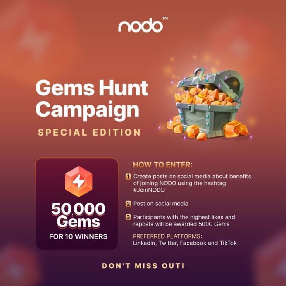 Don't miss out on our special edition of the Gems Hunt Campaign! Here's how to join: 1️⃣ Share the benefits of NODO with #JoinNODO 2️⃣ Post on your socials 3️⃣ Top 10 posts with the most likes will win 5000 Gems! 4️⃣ Submit your links here: buff.ly/43Ugsrm Start sharing now