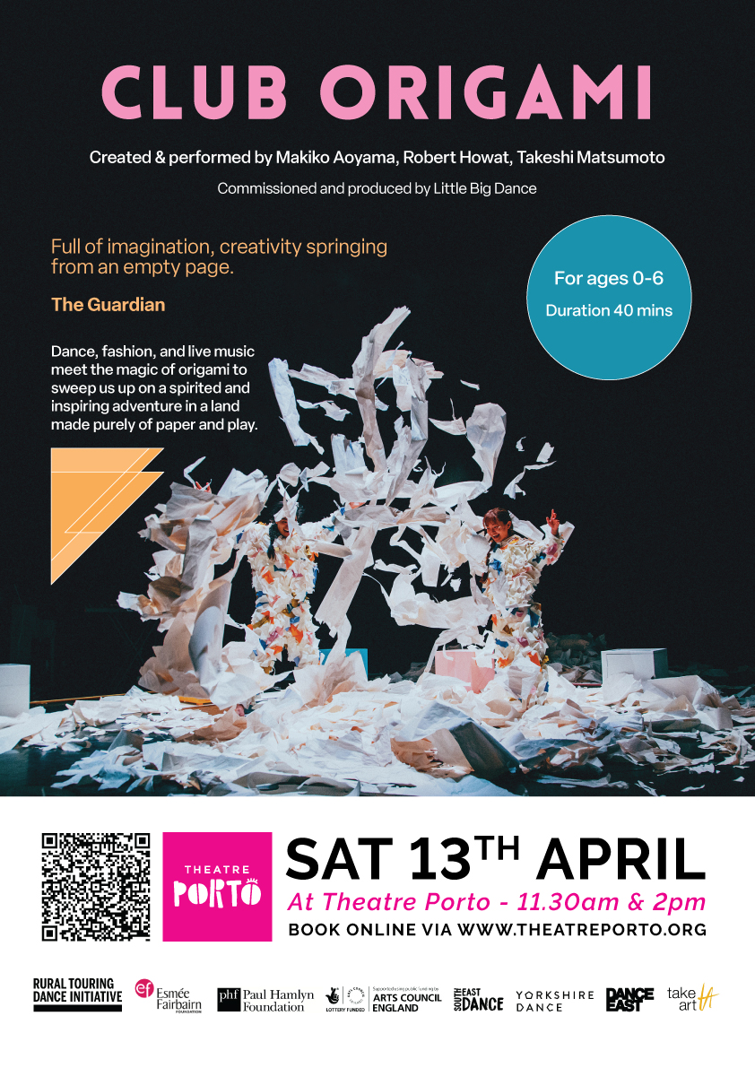 Finish the school holidays with a flourish... Club Origami Saturday 13th April 11.00am & 2.00pm at Theatre Porto #EllesmerePort #Cheshire “Full of imagination, and creativity springing from an empty page” – The Guardian Tickets via theatreporto.org/club-origami/