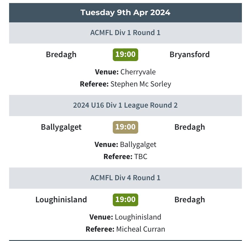 Fixtures 9th April Last nights results click here - bredaghgaa.com/fixtures-resul…