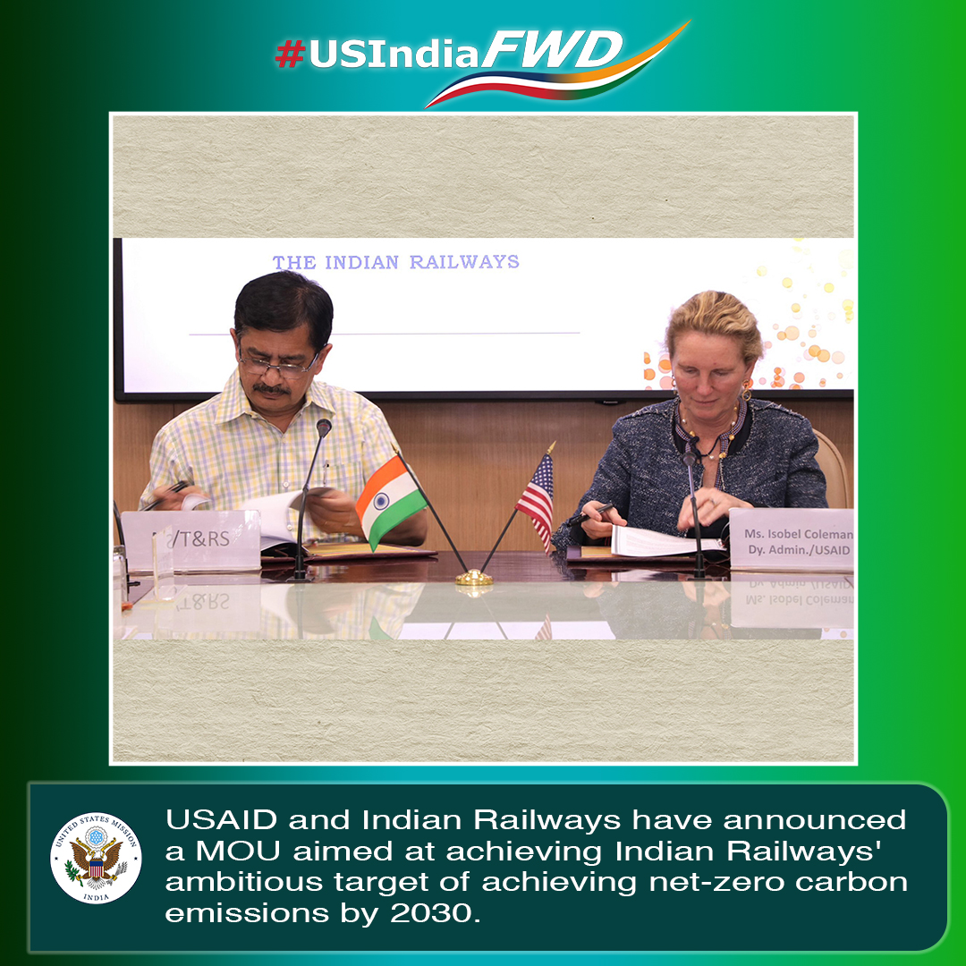 The United States government, through @usaid_india, has teamed up with Indian Railways to take on climate change head-on! Together, we've announced a groundbreaking Memorandum of Understanding (MOU) aimed at achieving Indian Railways' ambitious target of achieving net-zero carbon…