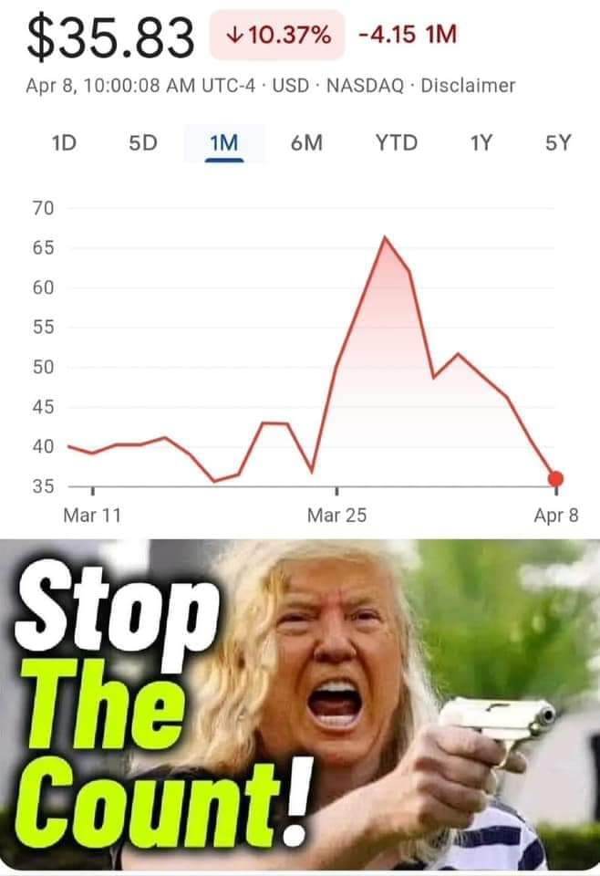 I made thousands, shorting this stock. You can, too! (but I don't recommend it, and I'm lying)

Don't follow me for recipes, either. 🤷🏽‍♂️

#Bidenfreude #TrumpStock #TrumpSteak #ReverseMidas @MeidasTouch #GameStop #SchlockHorror #SheenWinning #BarryDiller #GrifterInChief