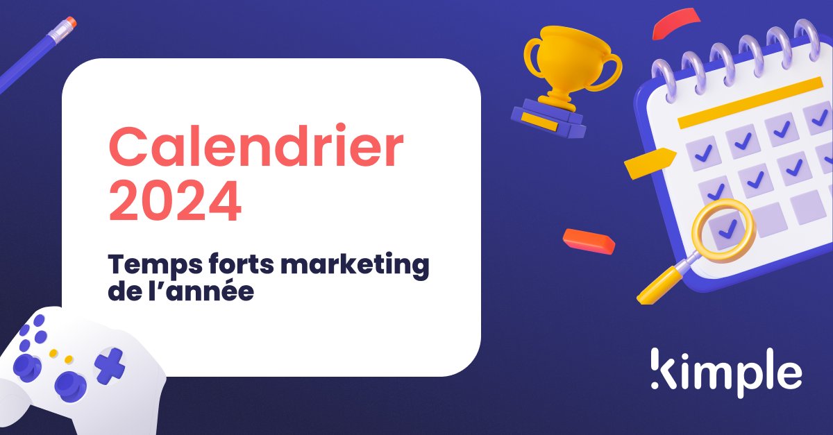 🚀 Nous entamons le 2nd trim de cette année 2024 ! 🚀Voici un condensé d'idées, opportunités pour vos prochaines campagnes de comm. 🕹️ Quoi de mieux que faire du jeu pour mobiliser l'attention de vos clients et prospects ! Voici notre calendrier :
ressources.kimpleapp.com/Calendrier-des…