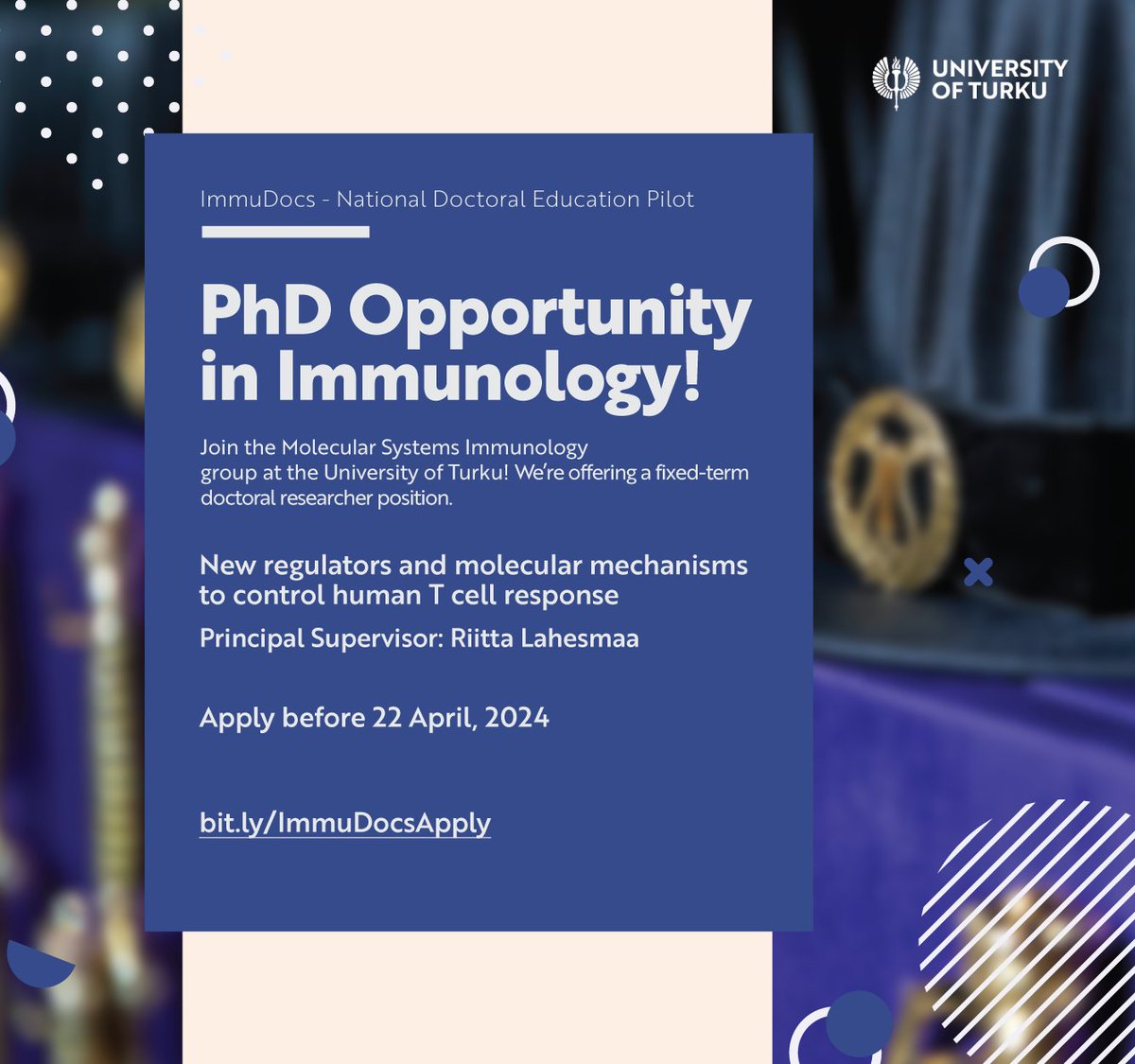 Apply now: 3-year PhD training position in Molecular Systems Immunology group @UniTurku! Join our group to make a difference and to study new ways to control Treg. bioscience.fi/open-positions/ Apply here t.ly/qb07M @InFLAMES_Health @yi_SSI @SSI_immunology @BioscienceTurku