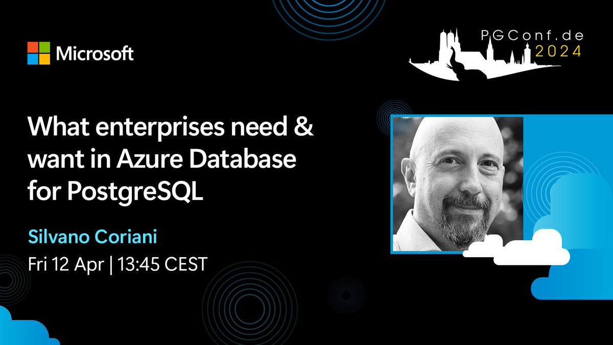 Interested in knowing more about #PostgreSQL on #Azure? Later this week i'll be speaking at the #PGConfDE digging deeper into what you can expect from a fully managed database service like Azure Database for PostgreSQL!