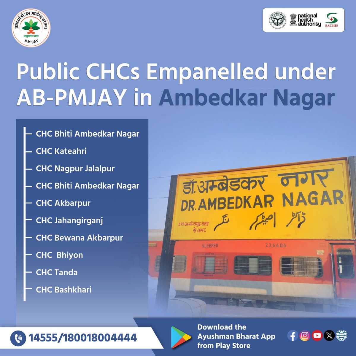 Obtain your #AyushmanCard from the nearest Community Health Centre (CHC) if you require treatment under #PMJAY while in #ambedkarnagar. Below is a list of CHCs available in Ambedkar Nagar.

#ayushmanbharatscheme #Ayushmanapp #UttarPradesh #HealthAndWellness #publichospital