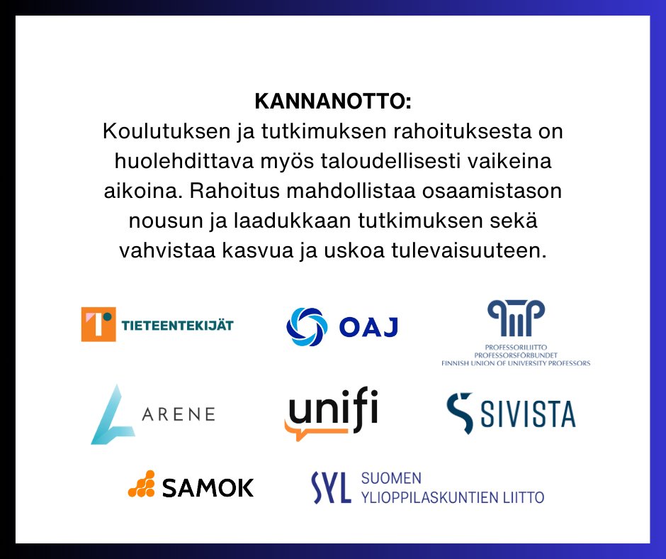 UNIFI (@unifiry) on Twitter photo Koulutuksen ja tutkimuksen rahoituksesta on huolehdittava myös taloudellisesti vaikeina aikoina.
Lue yhteinen kannanotto: unifi.fi/koulutuksen-ra…
<a href="/Tieteentek/">Tieteentekijät</a> <a href="/oajry/">OAJ</a> <a href="/ProfLiitto/">Professoriliitto</a> <a href="/Arene_ry/">Arene</a> <a href="/Sivistysalary/">Sivistysala Sivista</a> <a href="/SAMOK_FIN/">SAMOK</a> <a href="/SYL_FIN/">SYL</a> #kehysriihi #koulutus Koulutuksen ja tutkimuksen rahoituksesta on huolehdittava myös taloudellisesti vaikeina aikoina.
Lue yhteinen kannanotto: unifi.fi/koulutuksen-ra…
<a href="/Tieteentek/">Tieteentekijät</a> <a href="/oajry/">OAJ</a> <a href="/ProfLiitto/">Professoriliitto</a> <a href="/Arene_ry/">Arene</a> <a href="/Sivistysalary/">Sivistysala Sivista</a> <a href="/SAMOK_FIN/">SAMOK</a> <a href="/SYL_FIN/">SYL</a> #kehysriihi #koulutus