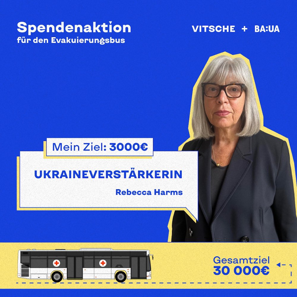 Das Ziel,einen Evakuierungsbus für die 🇺🇦 durch Spenden zu finanzieren,ist seit gestern nah🙏

Nach Bombenangriffen sollen Schwerverletzte damit sicher zum nächsten Krankenhaus gebracht werden. 
Bitte teilt den Aufruf u beteiligt euch. 

Danke!Djakuju! 
(Spenden sind abzugsfähig)