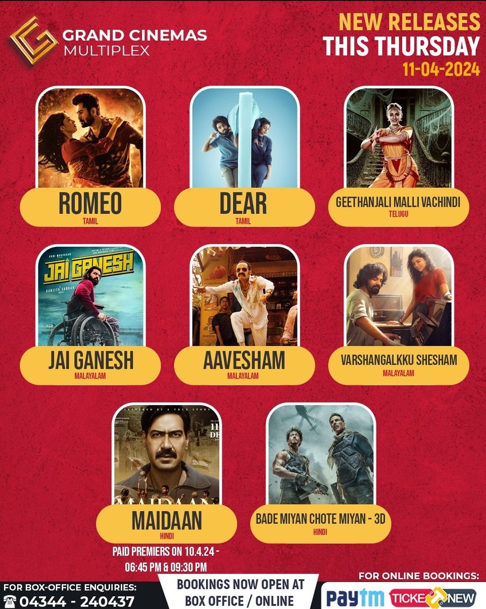 cinemas_grand's tweet photo. New releases for this weekend. Maidaan paid premiere on 10.4.24 Wednesday at 6 45 pm and 9 30 pm.#grandcinemas #hosur #anekal #attibele #sarjapura #jigani #southbangalore #thally #denkanikottai #kelamangalam #mathigiri https://t.co/1EkvzBn7eI