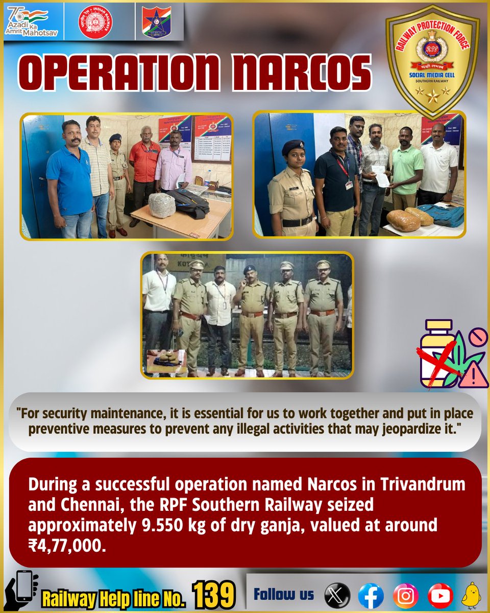 #operationnarcos #RPF #RPFSR #Railways #southernrailway #Goodwork @RailMinIndia @RPF_INDIA @GMSRailway