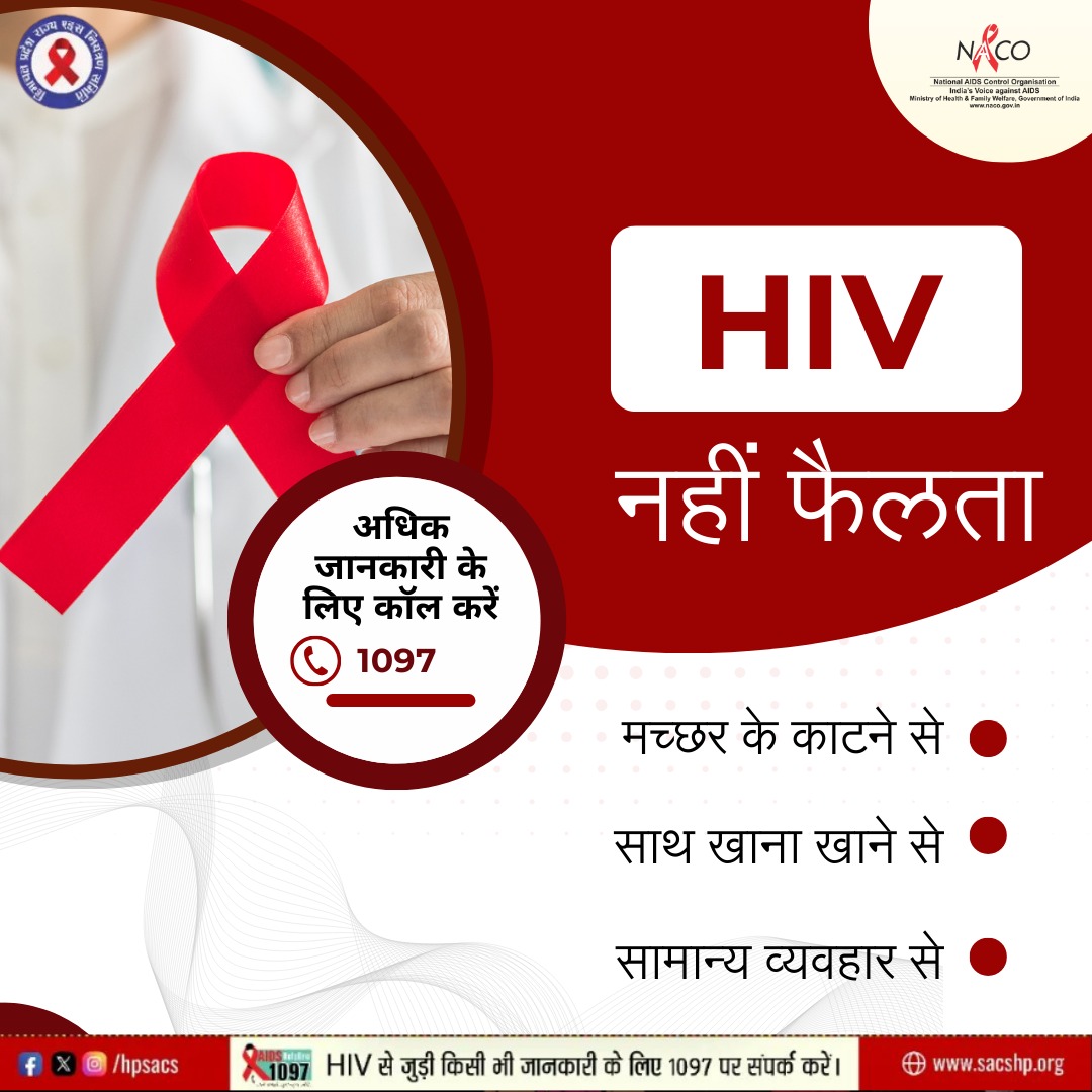 सामान्य मेल-जोल से HIV नहीं होता, जैसे- हाथ मिलाने या छूने से, साथ काम करने से, शौचालय के साझा प्रयोग से, साथ खाना खाने से आदि। #Diwali2023 #HIVTesting #GetTested #KnowYourHIVStatus #Dial1097 #KnowAIDS #HIVTestingisImportant #KnowHIV #HIVFreeIndia #CorrectInformation #NacoIndia