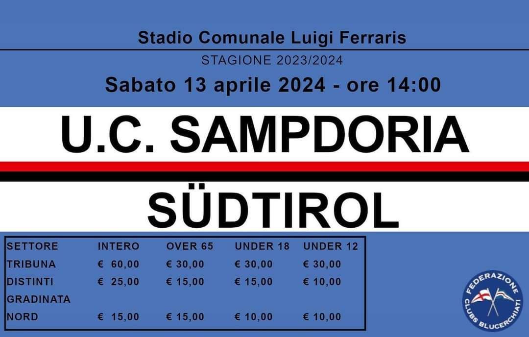 Sabato 13 aprile 2024 alle ore 14:00 c'è #Sampdoria vs SudTirol Ecco le modalità di vendita dei biglietti: sampdoria.it/ticket-office/… #SampSudTirol #SampdoriaSudTirol #SAMSTI