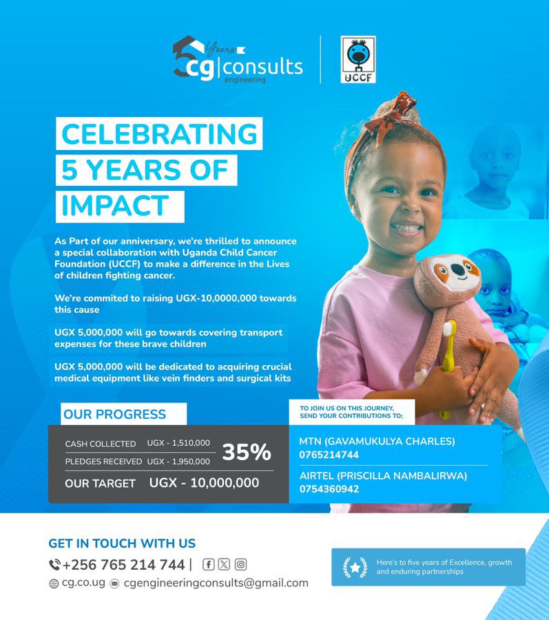 As you prepare for the #ChildhoodCancerRun, @consults_cg is asking well wishers to donate whatever they can for the children suffering from cancer. As of today, the fundraiser has raised UGX  1,710,000 in cash and UGX 1,750,000 in actual pledges.

#CGAt5