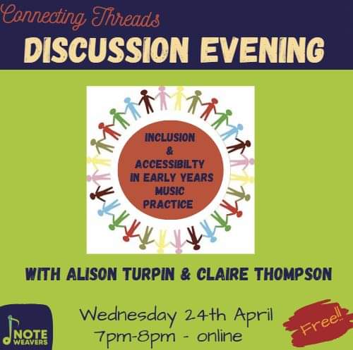 Have you got your ticket yet?  
Join Alison Turpin and Claire Thompson for a discussion on accessibility & inclusivity in music making in the Early Years,24 April 7pm. 
eventbrite.co.uk/e/discussion-e…

#accessibilityineducation #inclusion #earlyyears #earlyyearseducation #earlyyearsmusic