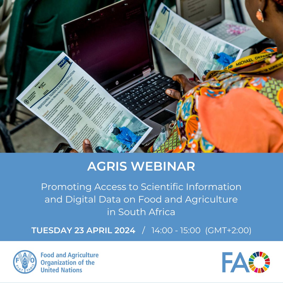 📢Upcoming webinar on “Promoting Access to #scientificInformation and #digitaldata on food and agriculture in South Africa”! @FAOSouthAfrica @ITOCA_SA

🗓️April 23
🕑02:00 pm (UTC +2)

✍️here and join the world of @FAO #AGRIS
fao.zoom.us/meeting/regist…

Info👇
fao.org/agris/news/joi…