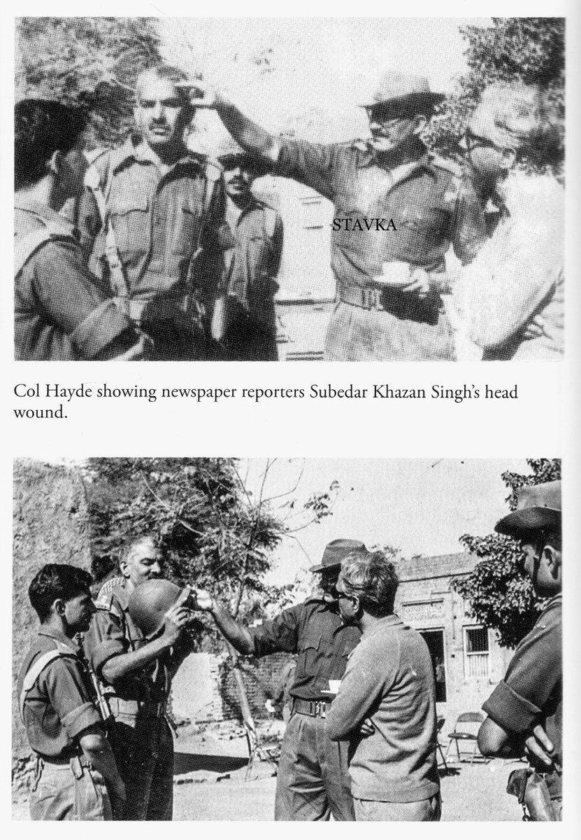 Post a military picture that goes hard “This is where the bullet went through his helmet”, Lt Col Desmond Hayde, CO of 3 JAT with noted film director Chetan Anand and newspaper reporters, explaining how a bullet struck Subedar Khazan Singh at dead centre on forehead knocking him…