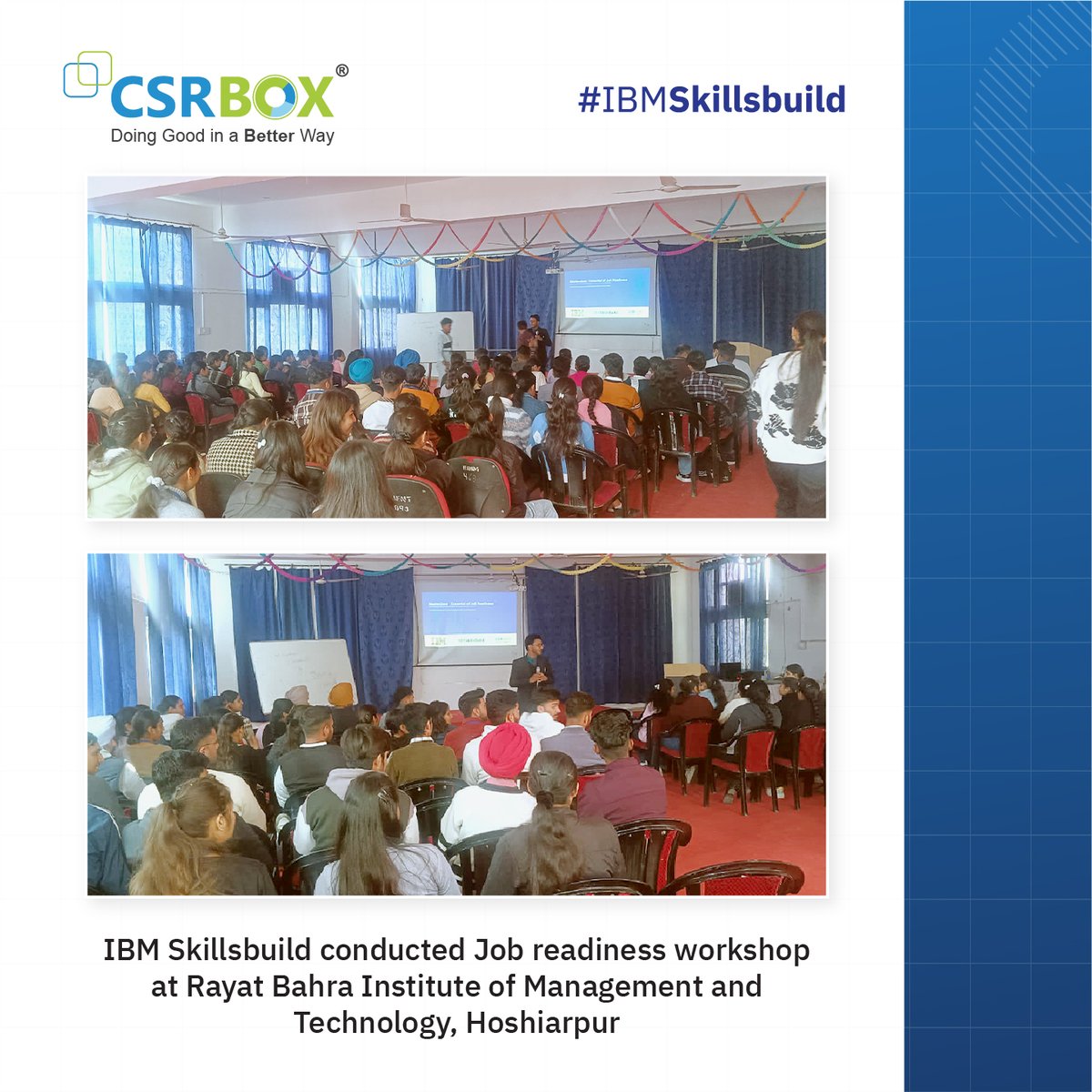 CSRBOX, in partnership with IBM SkillsBuild, recently hosted a dynamic one-day session on job readiness at Rayat Bahra Institute of Management and Technology. The event was a grand success, drawing in over 300 enthusiastic students across different disciplines. #IBMstories