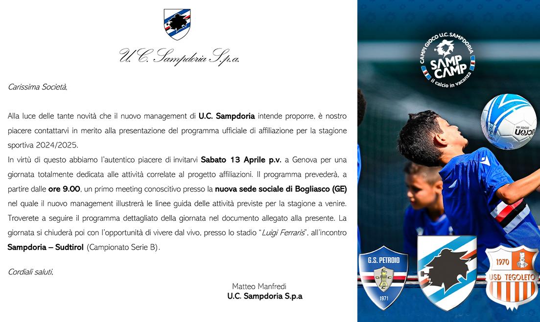 Con grande piacere e soddisfazione comunichiamo la candidatura del Gruppo Sportivo Petroio al progetto U.C. Sampdoria SAMPDORIA NEXT GEN. Filippo Lorenzetti e Andrea Chianucci saranno ospiti Sabato 13 Aprile a Genova presso lo Stadio Ferraris per discutere i dettagli dell'ope