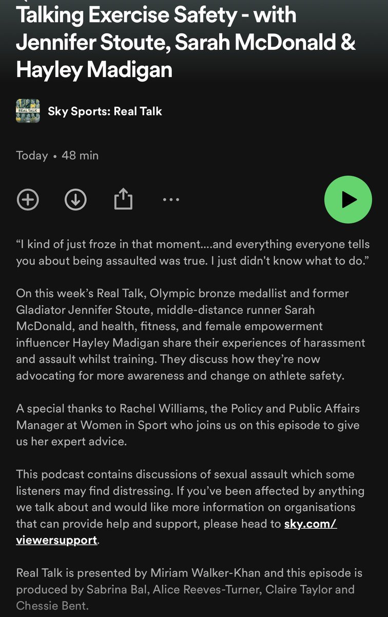 TW: sexual assault This week’s Real Talk episode is heartbreaking, empowering & infuriating. We spoke to three incredible women who have been harassed, assaulted or stalked while training for a sport - as well as Rachel Williams from @Womeninsport_uk Men - please listen.