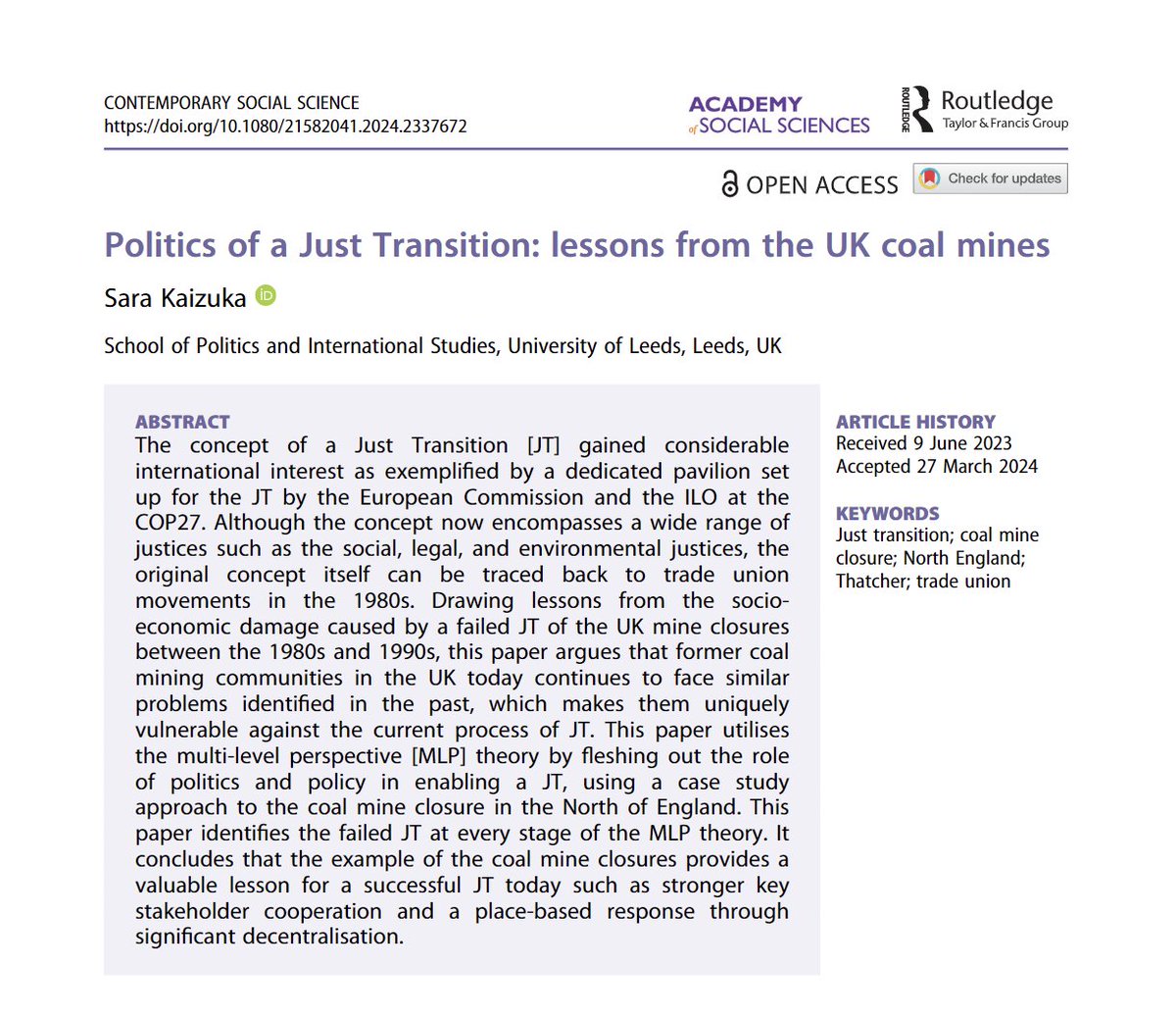 Delighted to learn that my first publication from my #PhD project has just been published at @cssjournal1 The paper applies the multi-level perspective theory in analysing how the transition away from coal resulted in an unjust transition in the UK 👇 tandfonline.com/doi/full/10.10…