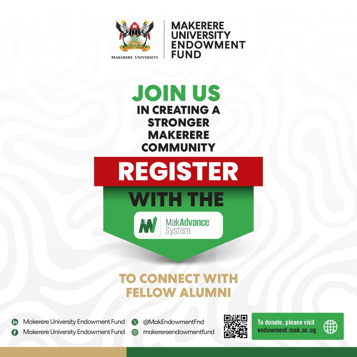 Have you heard about the #MakAdvanceSystem? For all the @Makerere alumni, this is your digital connection to your alma mater. Register with the alumni data base for the latest news from the Ivory Tower & donate to university causes. Register here endowment.mak.ac.ug/register/