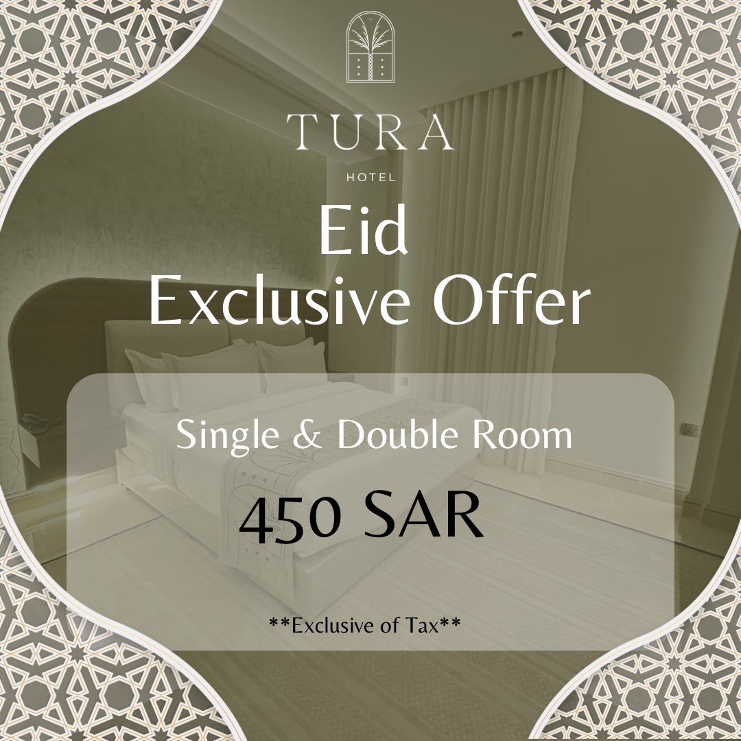 Celebrate Eid in style with our exclusive room offers! Enjoy the festivities in comfort with our single and double room packages priced at just 450 SAR. 

Book now!

للحجز والاستفسار:
For Reservation:
114333301 📞
0500920444📱
hm@turahotels.com

#EidAlFitr2024 #Riyadh #KSA