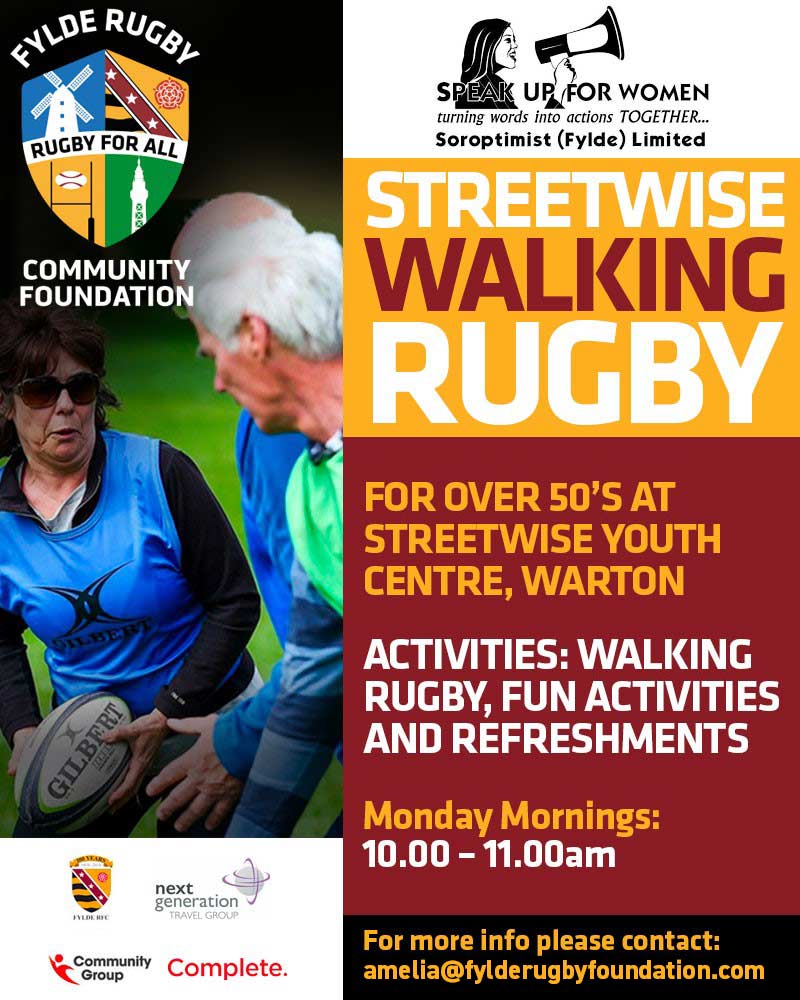 Great news over 50's! Walking Rugby is every Monday 10am - 11am Walking rugby is a great way to keep fit and socialise, email amelia@fylderugbyfoundation.com for more information