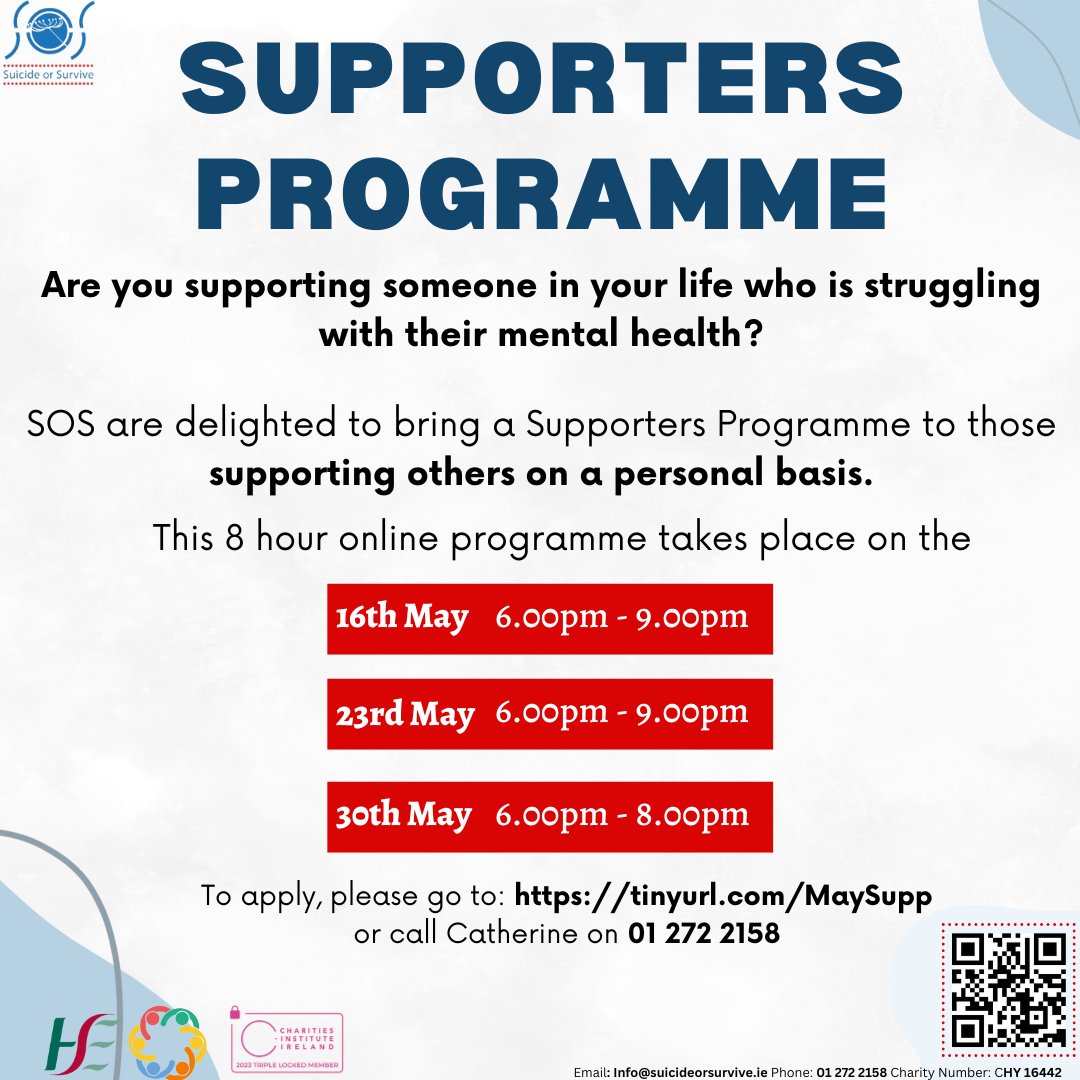 Are you supporting a person who is struggling with their mental health? Would you like to learn practical skills to enhance how you support them? Register by going to tinyurl.com/MaySupp