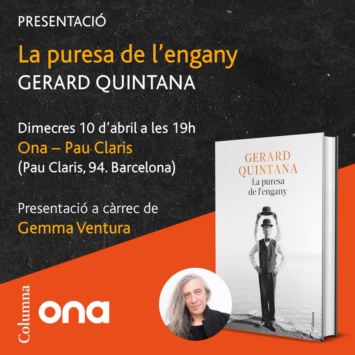 📅📽️💫 Demà dimecres 10 d’abril en @gerardquintana presenta la seva nova novel·la, ‘La puresa de l’engany’: ⌚ A les 19 h 📍 A @OnaLlibres, #PauClaris, #BCN 🗣 Presentació a càrrec de @GemmaVentura90 🟪 Us hi esperem!