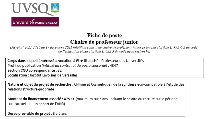 Une chaire de professeur junior 'Chimie et Cosmétique : de la synthèse éco-compatible à l'étude des relations structure-propriété' est ouverte au concours à l'ILV @uvsq @UnivParisSaclay Date clôture candidature sur galaxie 06/05/2024 …xie.enseignementsup-recherche.gouv.fr/ensup/cand_CPJ…