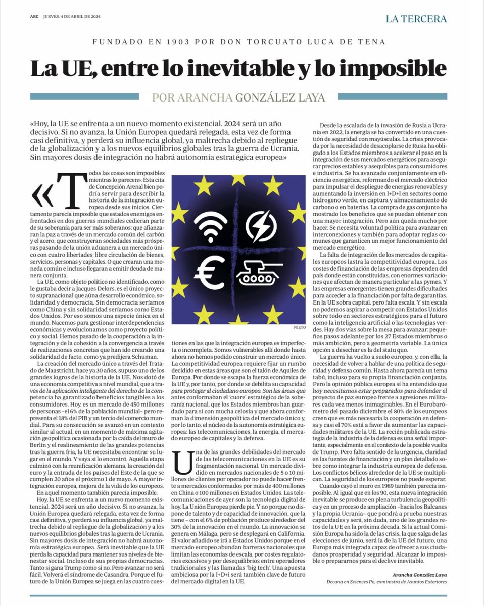 🇪🇺🔜 Esto de @AranchaGlezLaya es lo mejor que he leído en mucho tiempo. '2024 será un año decisivo. Si no avanza, la UE quedar relegada, esta vez de definitiva, y perderá su influencia global. Sin mayores dosis de integración no habrá autonomía estratégica europea' ⤵️