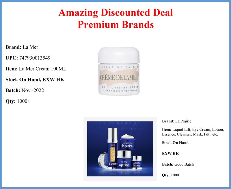 Michelle_fzy's tweet photo. Amazing discounted deal for La Mer &amp; La Prairie! 
Stock on hand, EXW HK 
🔔LaMer: Cream 100ml. 
🔔La Prairie: Eye cream, Cleanser, Sleep mask, Lotion, Essence 

 If you're interested, free to let me know 
💡Email: sales4@auto-beautygroup.com 
💡Whatsapp: +8618058792124
#wholesale https://t.co/V3E286Nadp