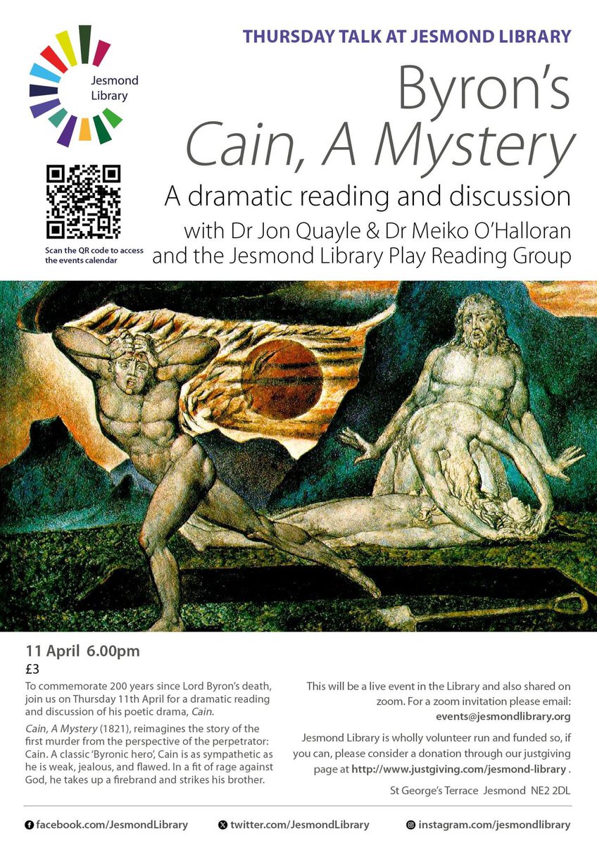 Join us on Thursday 11 April for a dramatised reading and discussion of Byron’s Cain: A Mystery with @JADQuayle and Meiko O’Halloran from @NCL_English and our Play Reading Group.