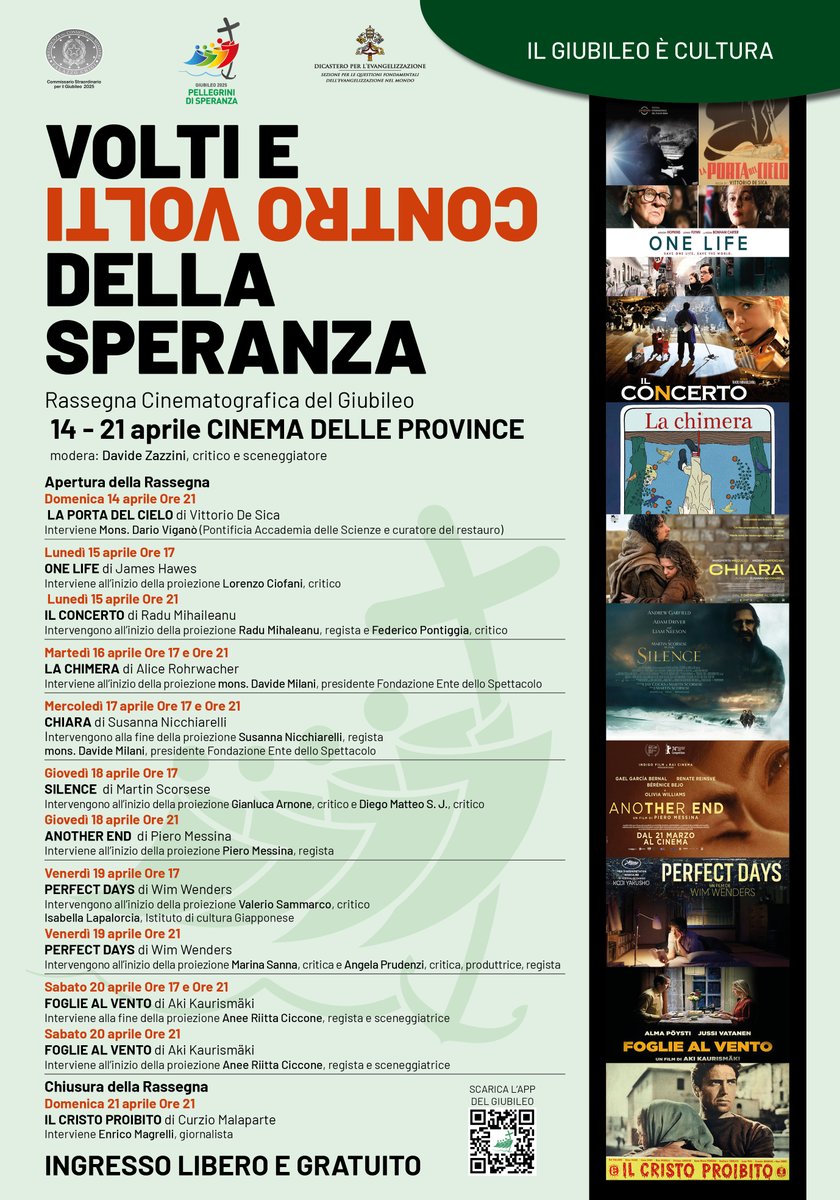 📷 Al via il 14 aprile, con il film di Vittorio De Sica, "La porta del cielo", la Rassegna cinematografica "Volti e ControVolti della Speranza", verso il #Giubileo. Appuntamento alle ore 21 al Cinema della Provincie.  
Leggi il programma della Rassegna: shorturl.at/kMZ23