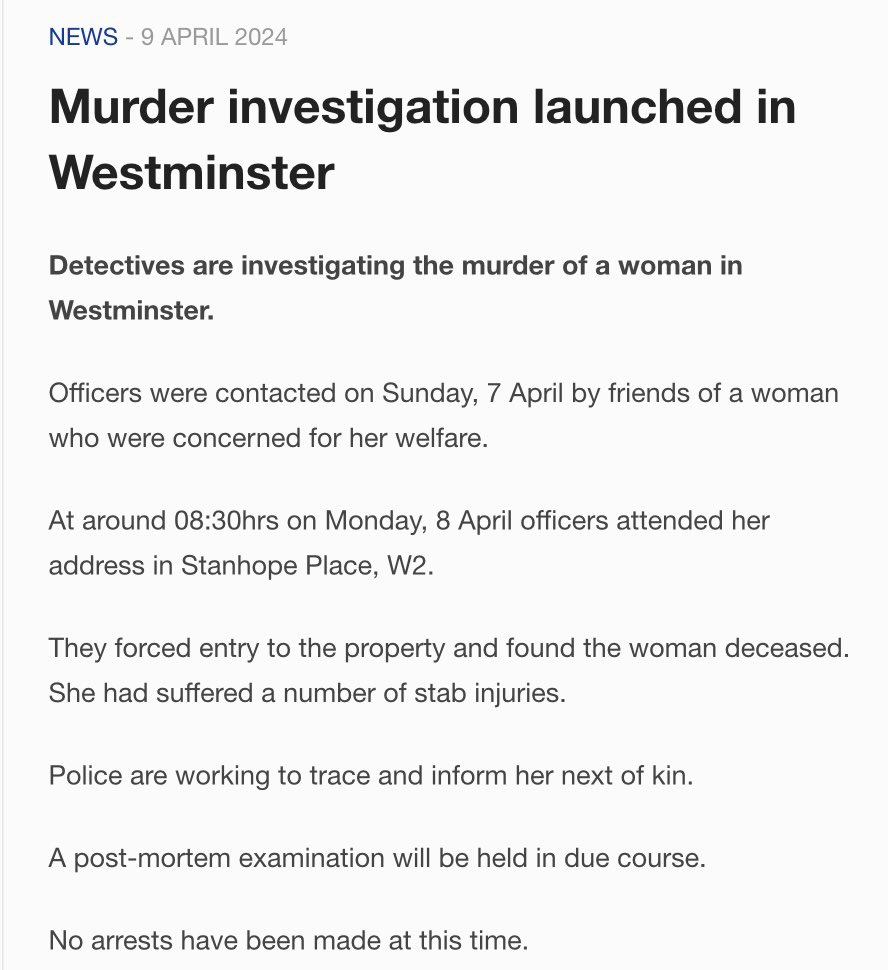 NEW: @metpoliceuk investigating the murder of a woman in Westminster, after her neighbours called police on Sunday. Officers attended on Monday morning and found her stabbed to death. @LBC @LBCNews