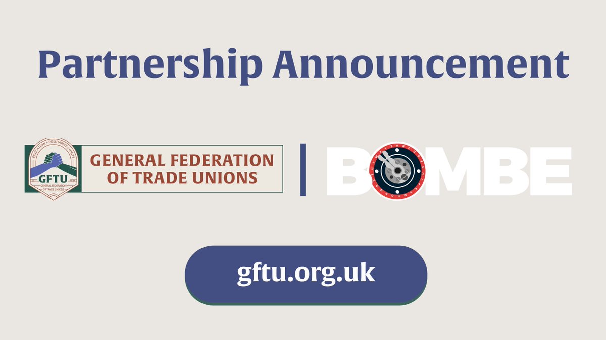 📢 Introducing GFTU X BOMBE We are excited to announce a historic partnership with AI company, @Bombeplatform, within the trade union world. 📈This partnership will help support and grow the trade union movement. Read the press release 👉gftu.org.uk/gftuxbombepart… #GFTU #BOMBE