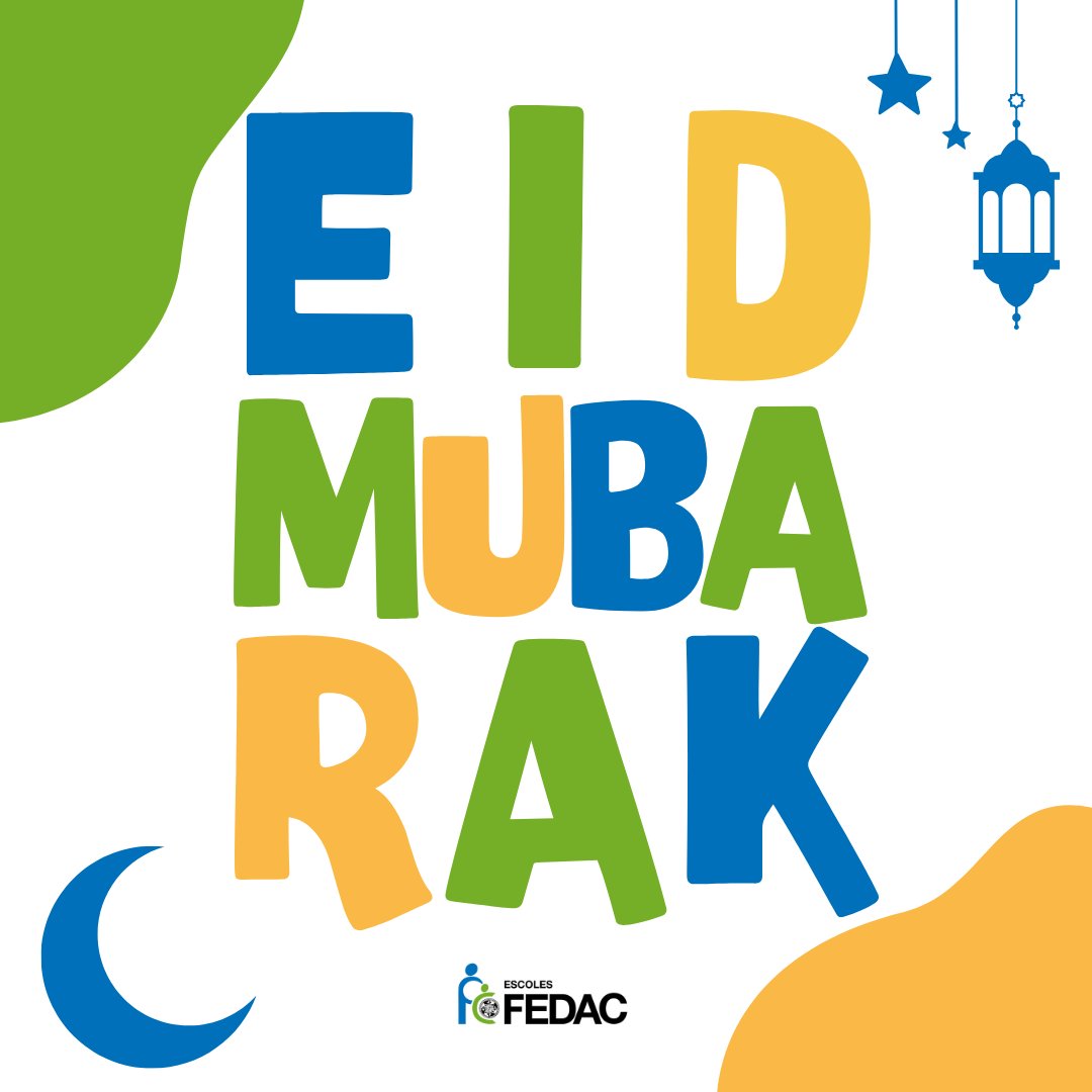 💫 Avui desitgem que la llum d’Eid al-Fitr il·lumini els cors i porti pau, alegria i benestar a totes les famílies de la comunitat musulmana de les #escolesFEDAC!  Us desitgem que tingueu un gran dia, Eid Mubarak! 💚💙  #avuixdemà #TUtopia #EscolesAutèntiquesxPersonesÚniques