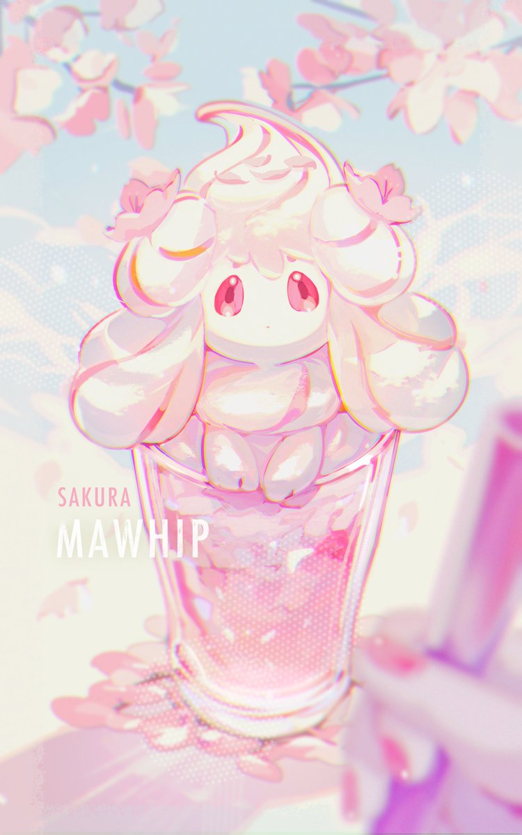 alcremie looking at viewer holding closed mouth blurry cup pokemon (creature) no humans  illustration images