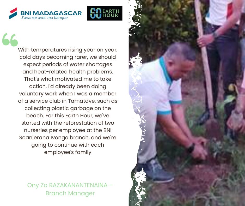 2/2 BNI MADAGASCAR has also joined the collective movement for @earthhour . Its employees are committed to leaving a positive mark on the planet through personal initiatives that are close to their hearts. Read testimonies here 👉 bit.ly/3PWxQpw #biggesthourforearth