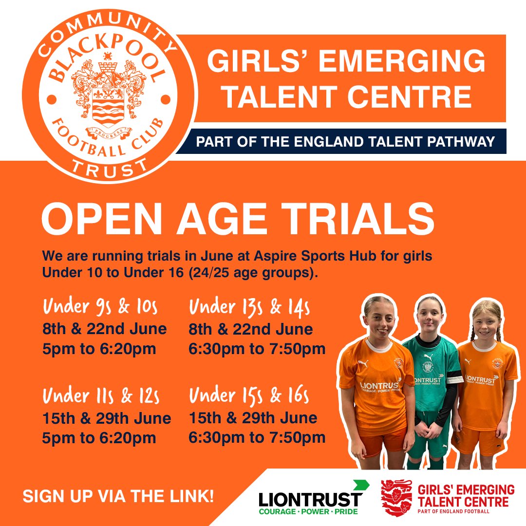 We are pleased to announce the dates of our FA Girls’ Emerging Talent Centre trials for the upcoming 2024/25 season🧡 ETCs are an elite training experience for talented local female players. Register here: bit.ly/ETCTrials Thanks to @liontrustheroes for their support💚