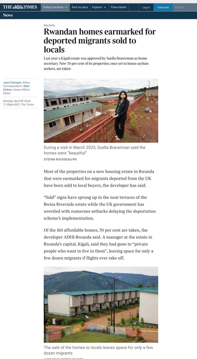 The Times have finally picked up the story of the Braverman’s homes, funded by us, in Rwanda being sold off. @adambychawski reported back in January that 50% had been sold. Times reporting today 70%. We’re building more homes in Rwanda than we are here. thetimes.co.uk/article/rwanda…