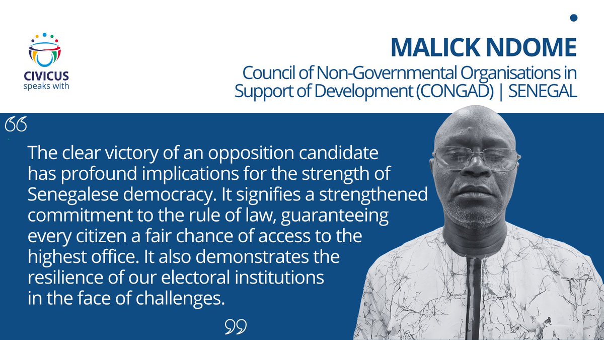 🇸🇳SENEGAL: ‘The restriction of civic space remains civil society’s greatest concern’ - Malick Ndome of CONGAD on the recent election in Senegal 🔗web.civicus.org/MalickNdome #CIVICUSLens