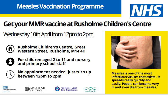 pop down to get your children vaccinated against measles. No need for an appointment - just walk in @MCCHulme @MCCLongsight @MCCRusholme @MCCMossSide