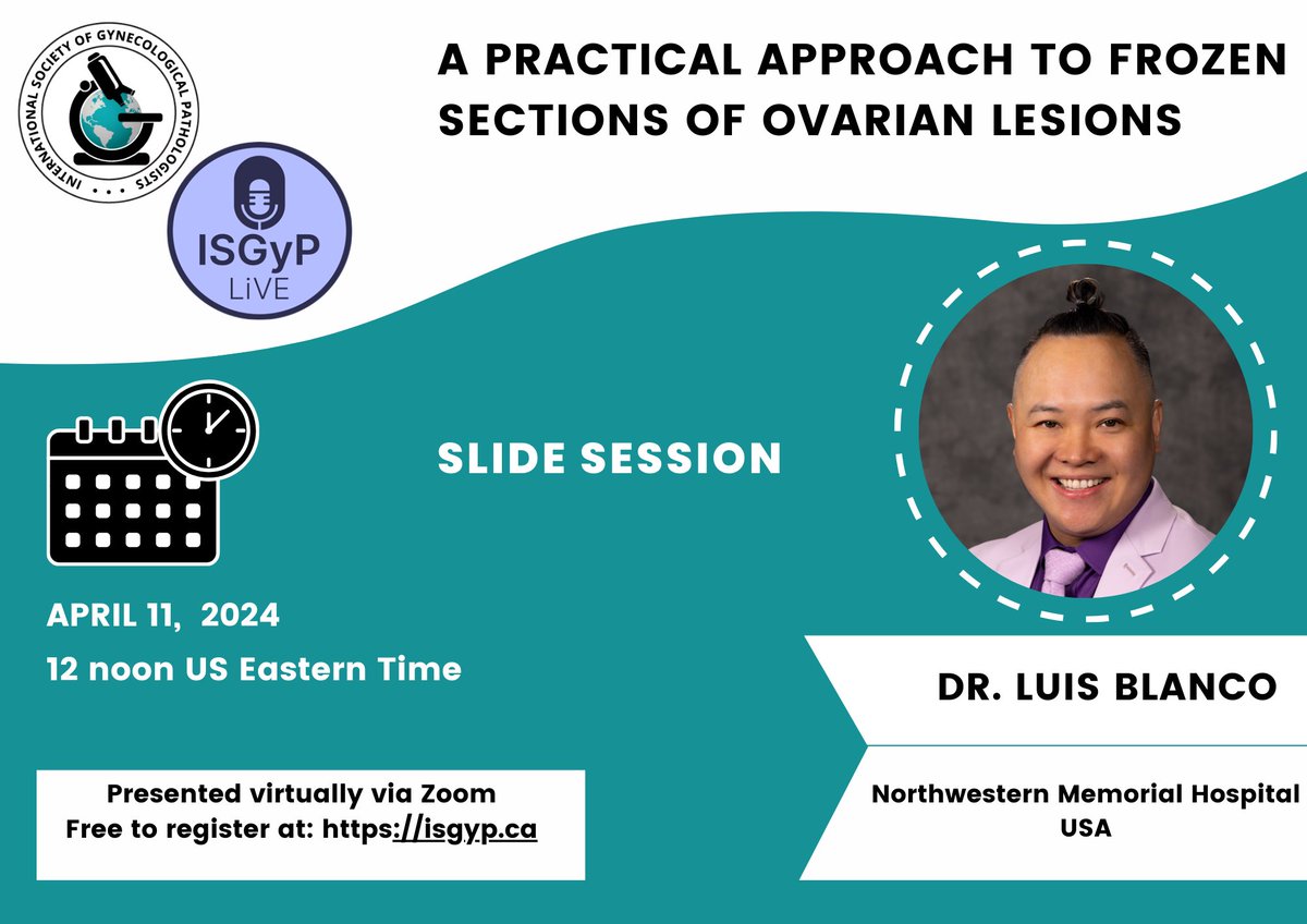 Announcing a free @ISGynP sponsored live virtual slide session on April 11, 2024 by Dr Blanco on 'A Practical Approach to Frozen Sections of Ovarian Lesions'. Register now at isgyp.ca #gynpath