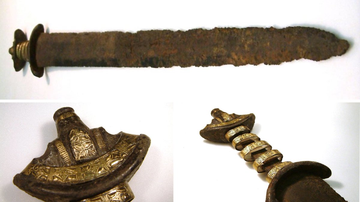 The Gilling Sword was discovered #OTD in 1976. It is named after Gilling Beck, North Yorkshire, where it was found by a nine-year-old Garry Fridd while playing in the stream. It is one of the finest surviving Anglian weapons. ©York Museums Trust