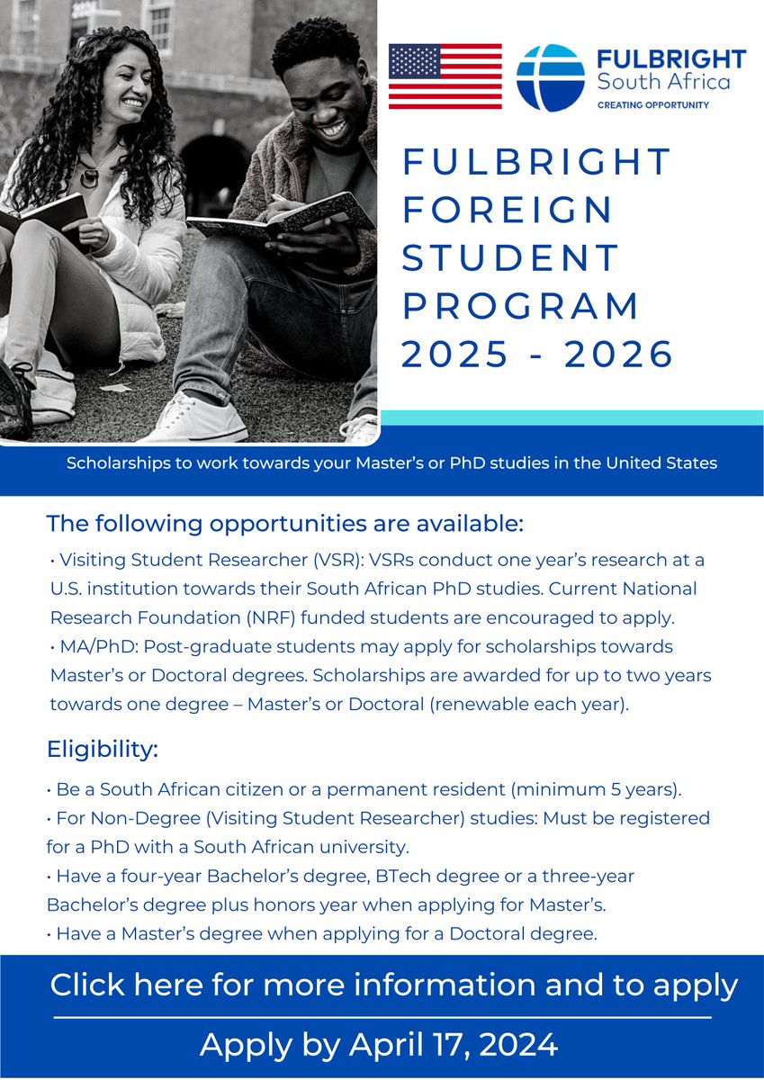 This opportunity closes next week! The South African Fulbright Foreign Student Program provides grants for South African university graduates to pursue postgraduate studies at a United States university. Details here: za.usembassy.gov/fulbright-fore…